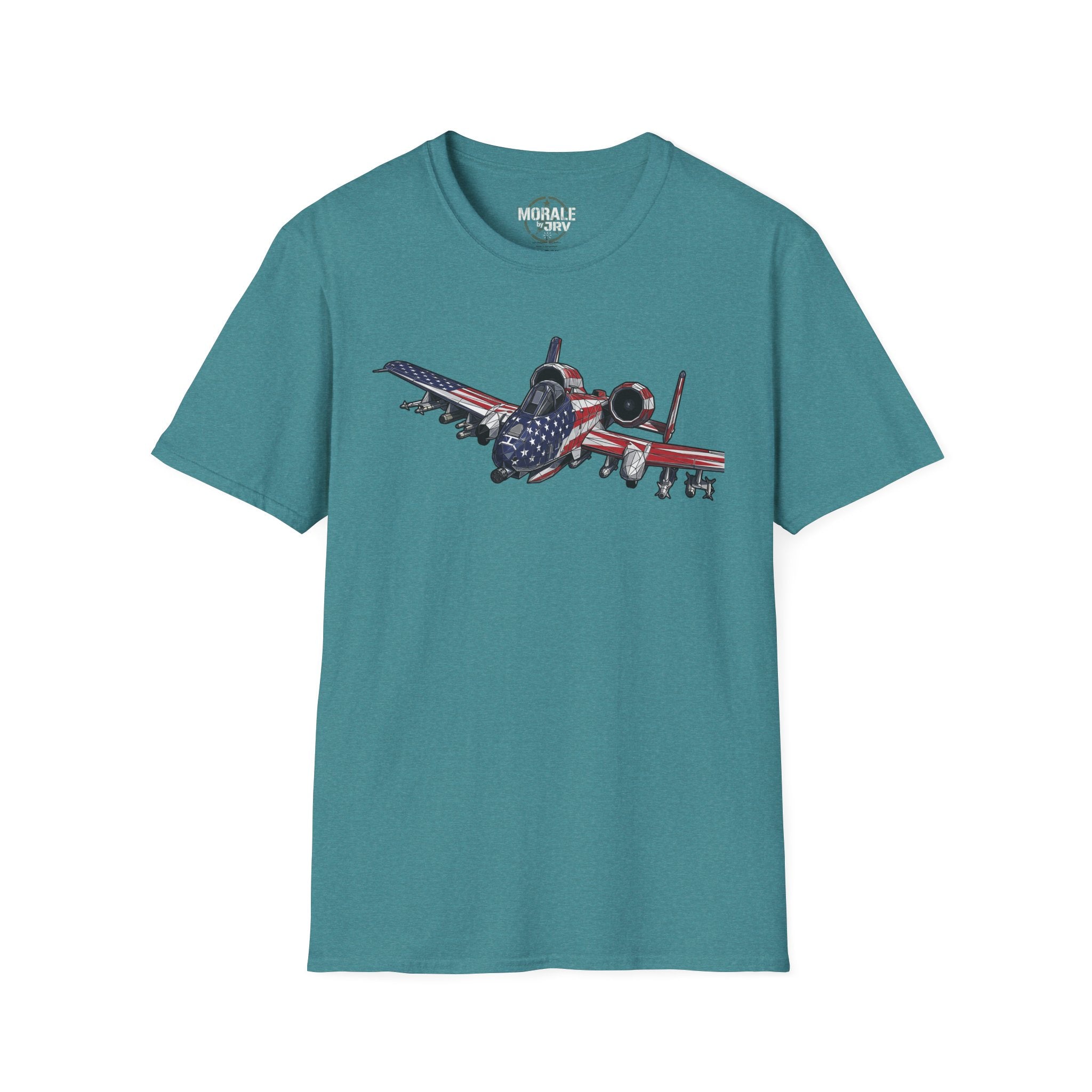 Heather teal A-10 Warthog T-shirt with red-and-blue flag jet graphic