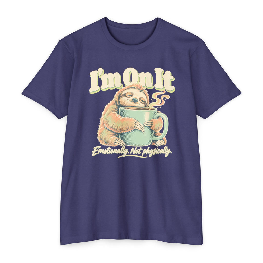 Navy T-shirt with sloth holding a coffee mug graphic and “I’m On It” text