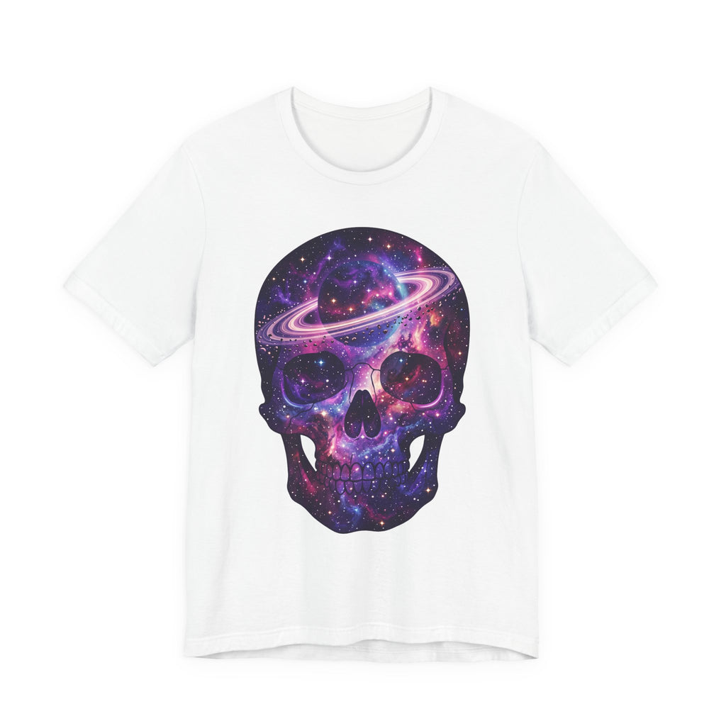 White Galaxy Skull T-Shirt with colorful cosmic planet skull graphic
