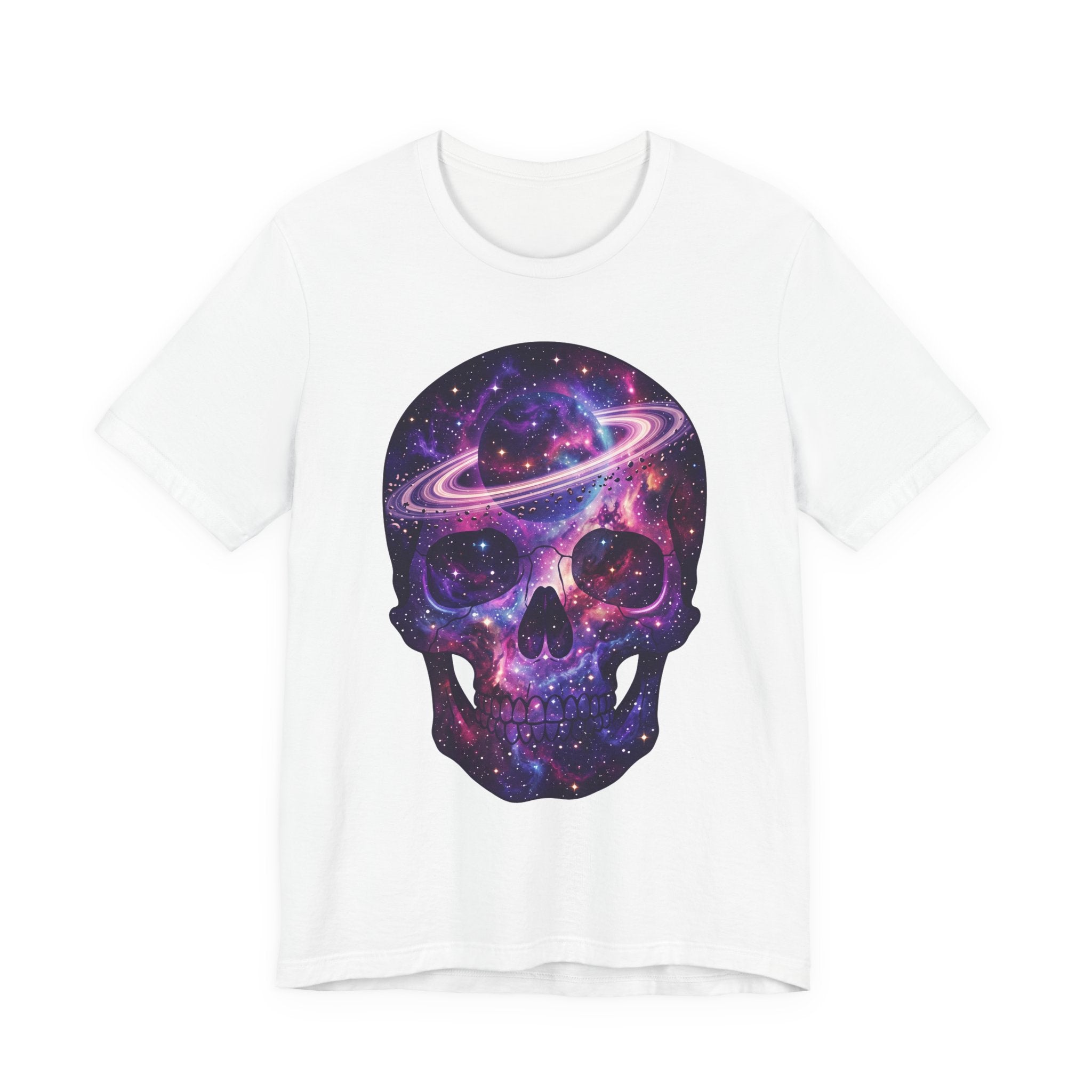 White Galaxy Skull T-Shirt with colorful cosmic planet skull graphic