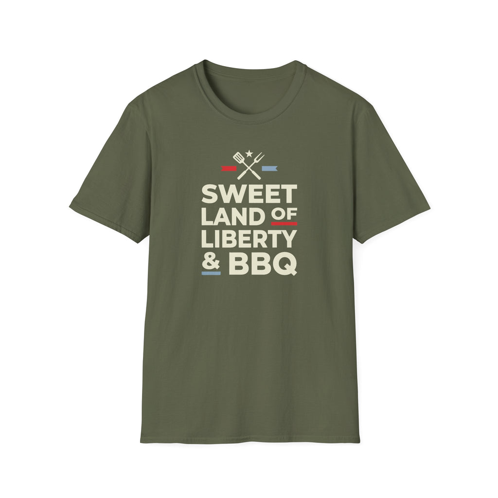 Military green 4th of July BBQ T-shirt with “Sweet Land of Liberty & BBQ” front graphic