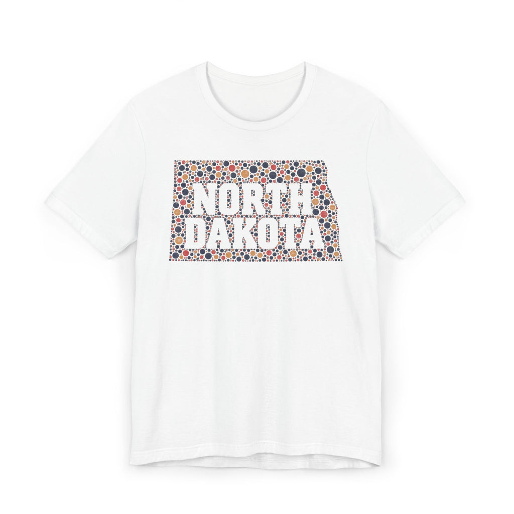 White T-shirt with colorful "North Dakota" floral map graphic on front