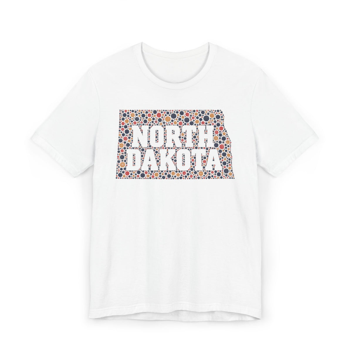 White T-shirt with colorful "North Dakota" floral map graphic on front