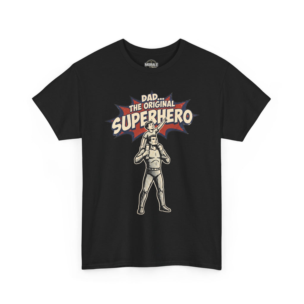 Black crewneck T-shirt with superhero graphic and “DAD” text on front