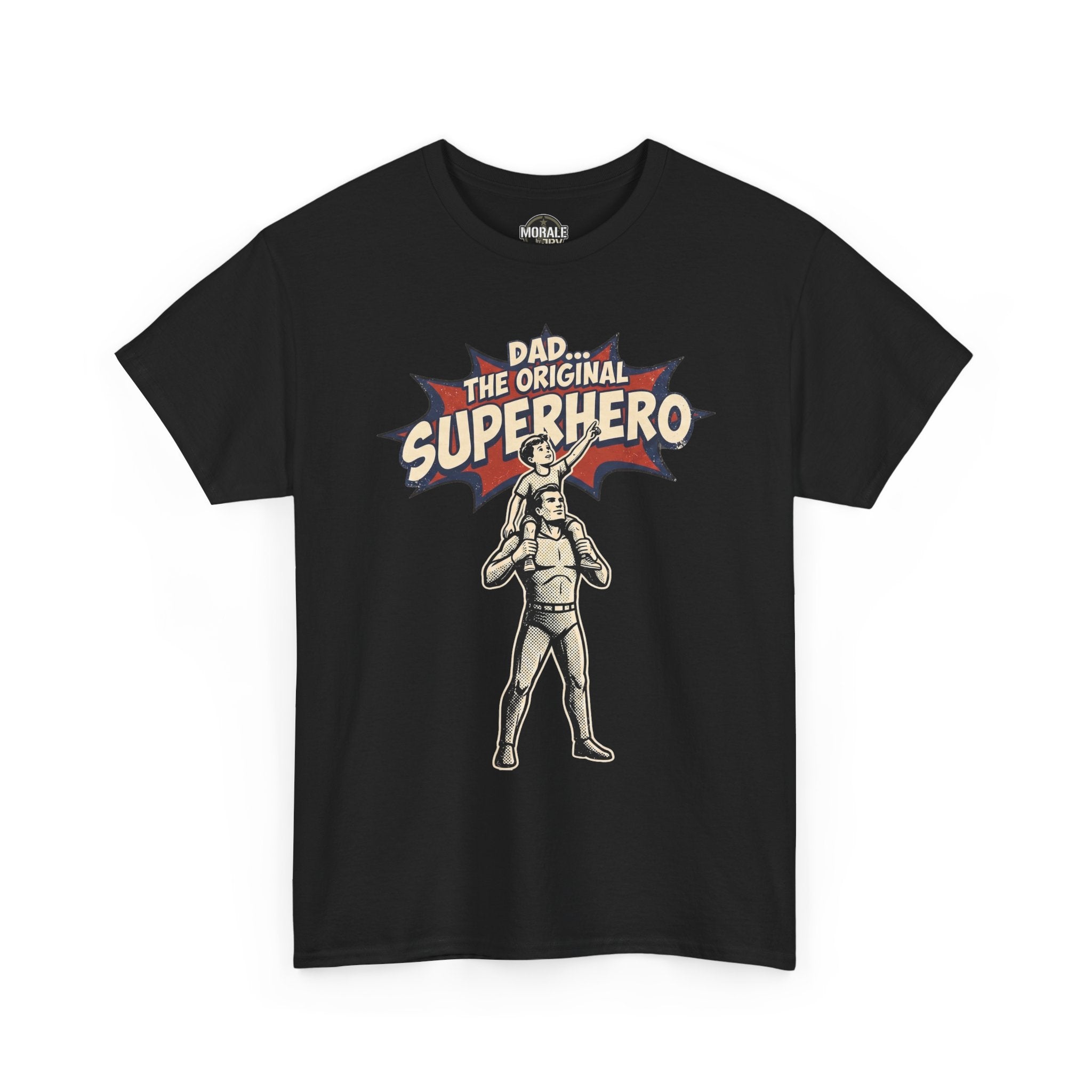 Black crewneck T-shirt with superhero graphic and “DAD” text on front