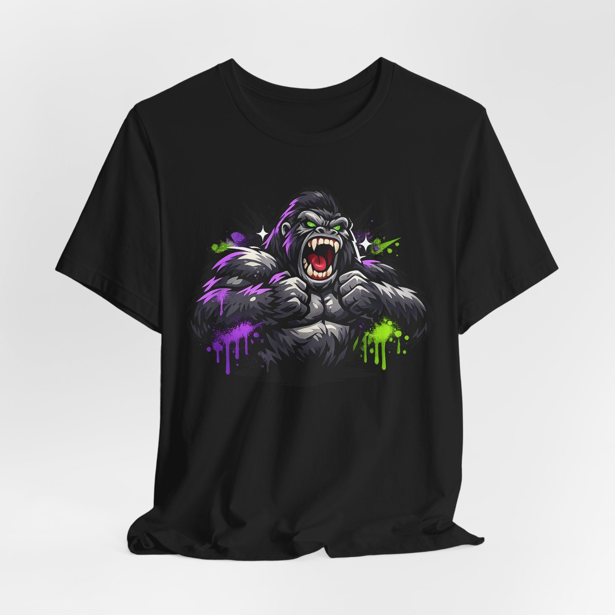 Black unisex graphic tee with roaring gorilla face illustration in purple and green.