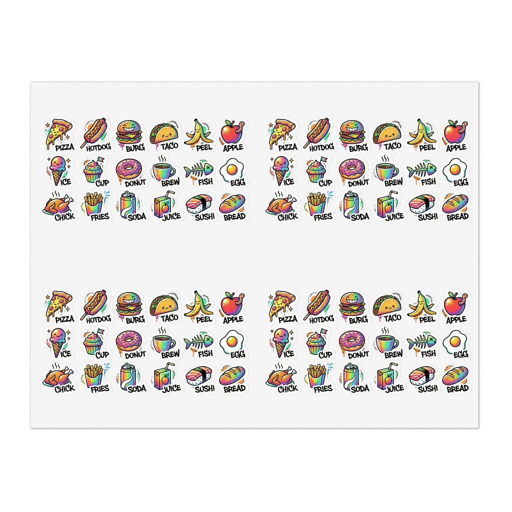 Food icon sticker sheet with assorted mini snack icons, including tacos and donuts