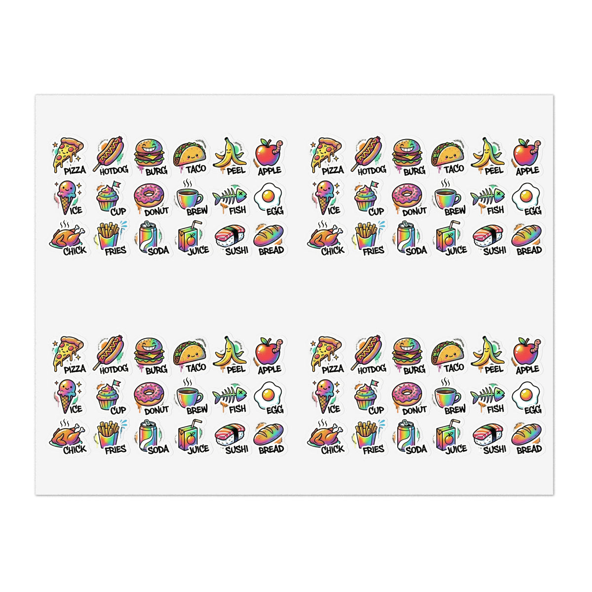 Food icon sticker sheet with assorted mini snack icons, including tacos and donuts