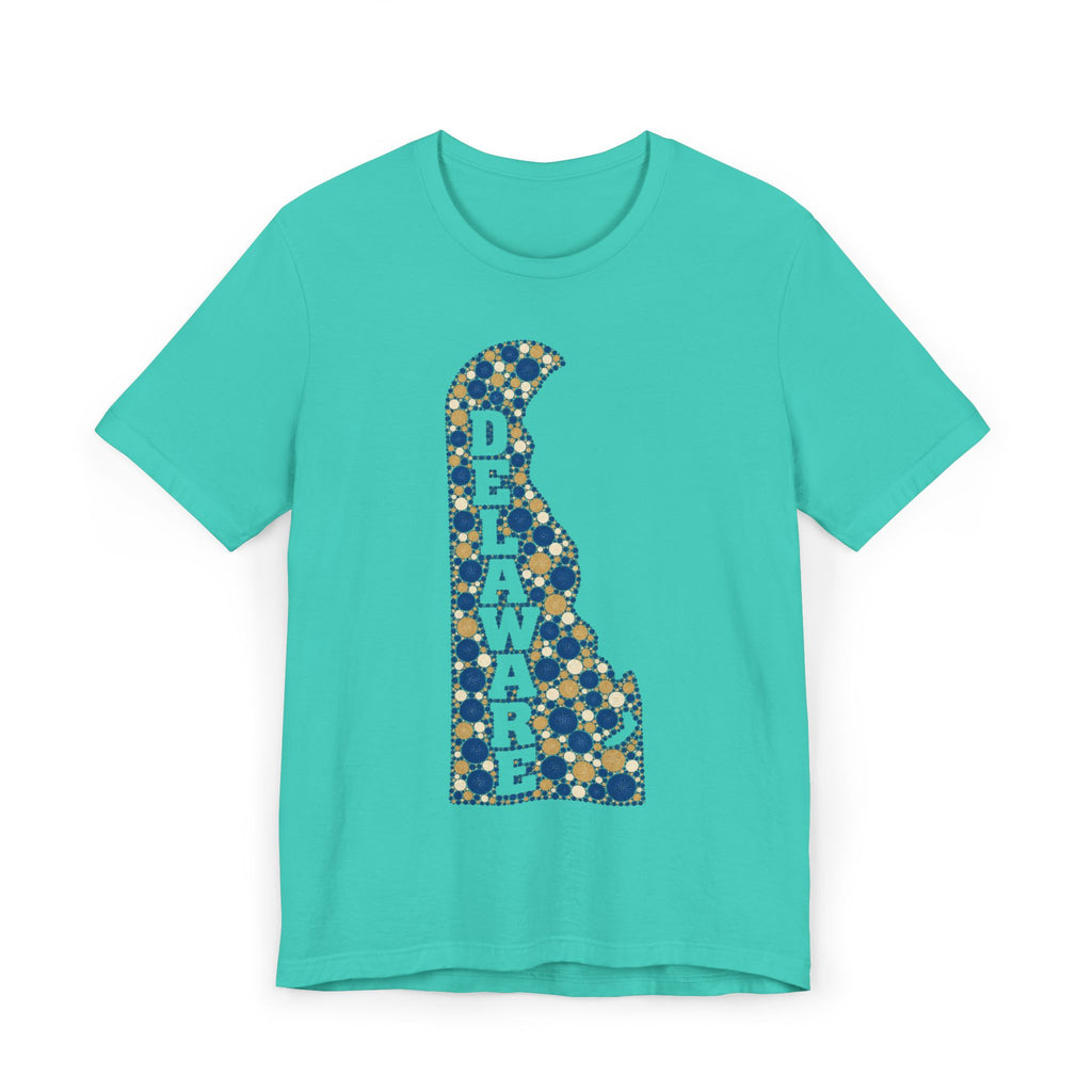 Turquoise Delaware state silhouette t-shirt with blue and gold patterned Delaware map graphic