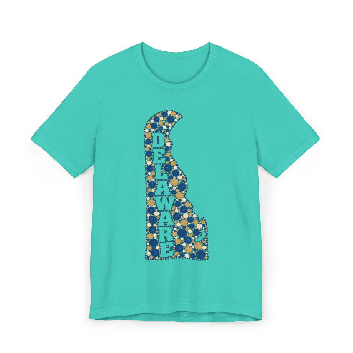 Turquoise Delaware state silhouette t-shirt with blue and gold patterned Delaware map graphic