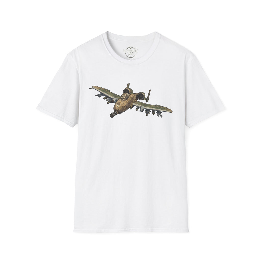 White T-shirt with A-10 Warthog aircraft graphic on the chest