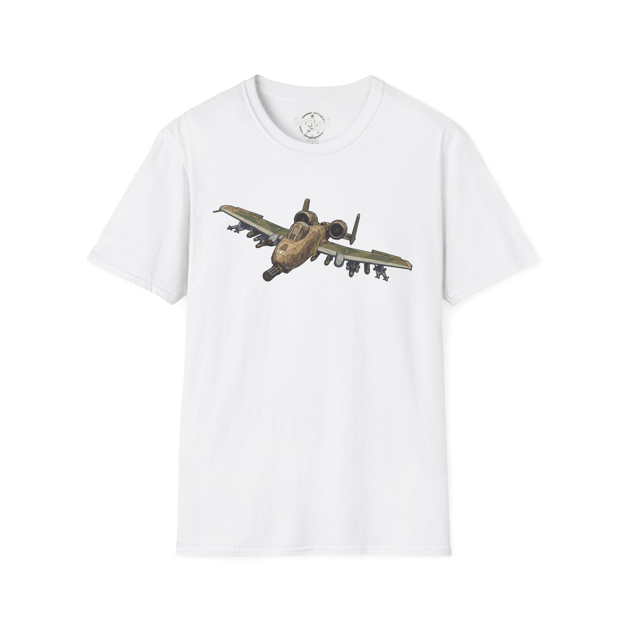 White T-shirt with A-10 Warthog aircraft graphic on the chest