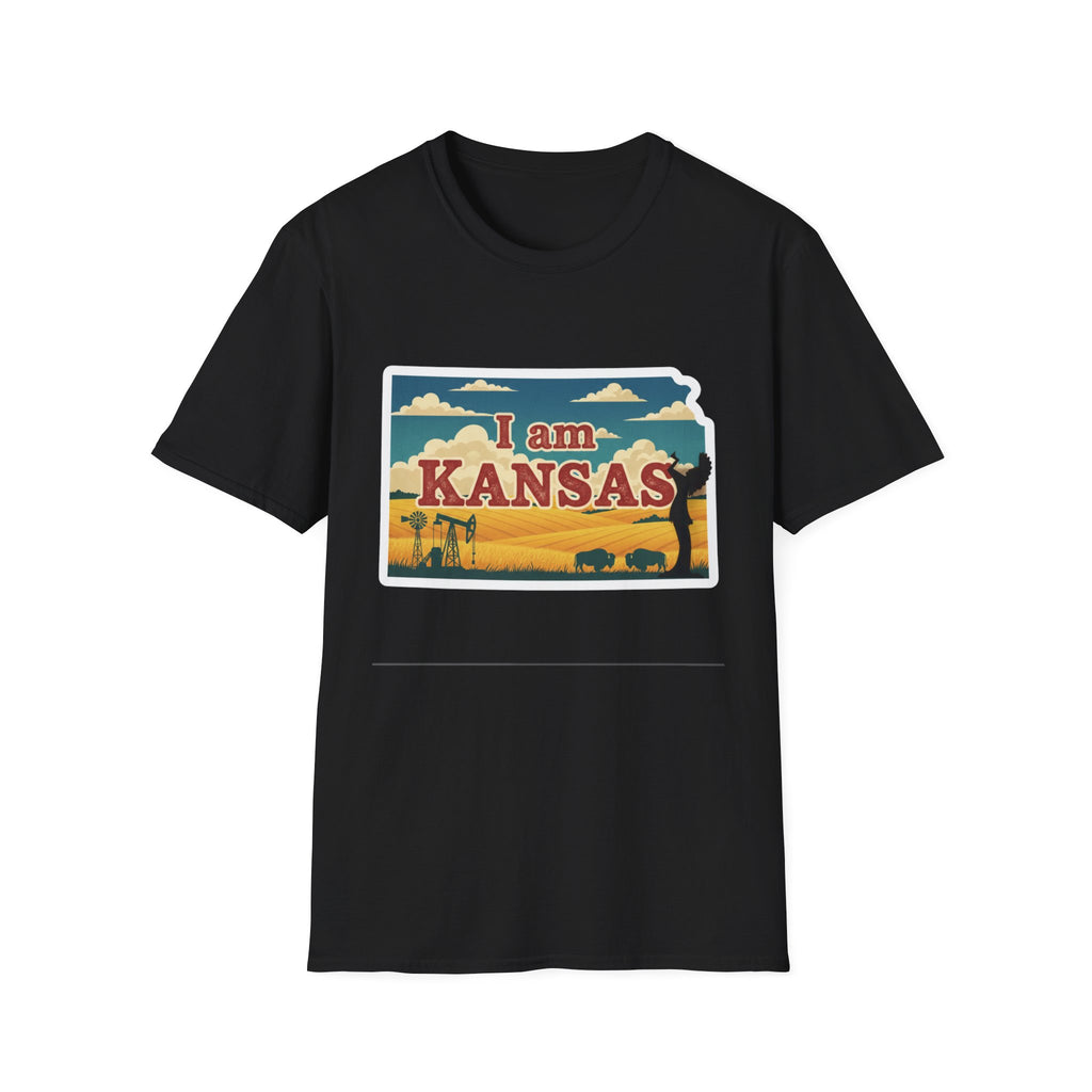 Black Kansas T-shirt with 'I am KANSAS' logo graphic and prairie elements
