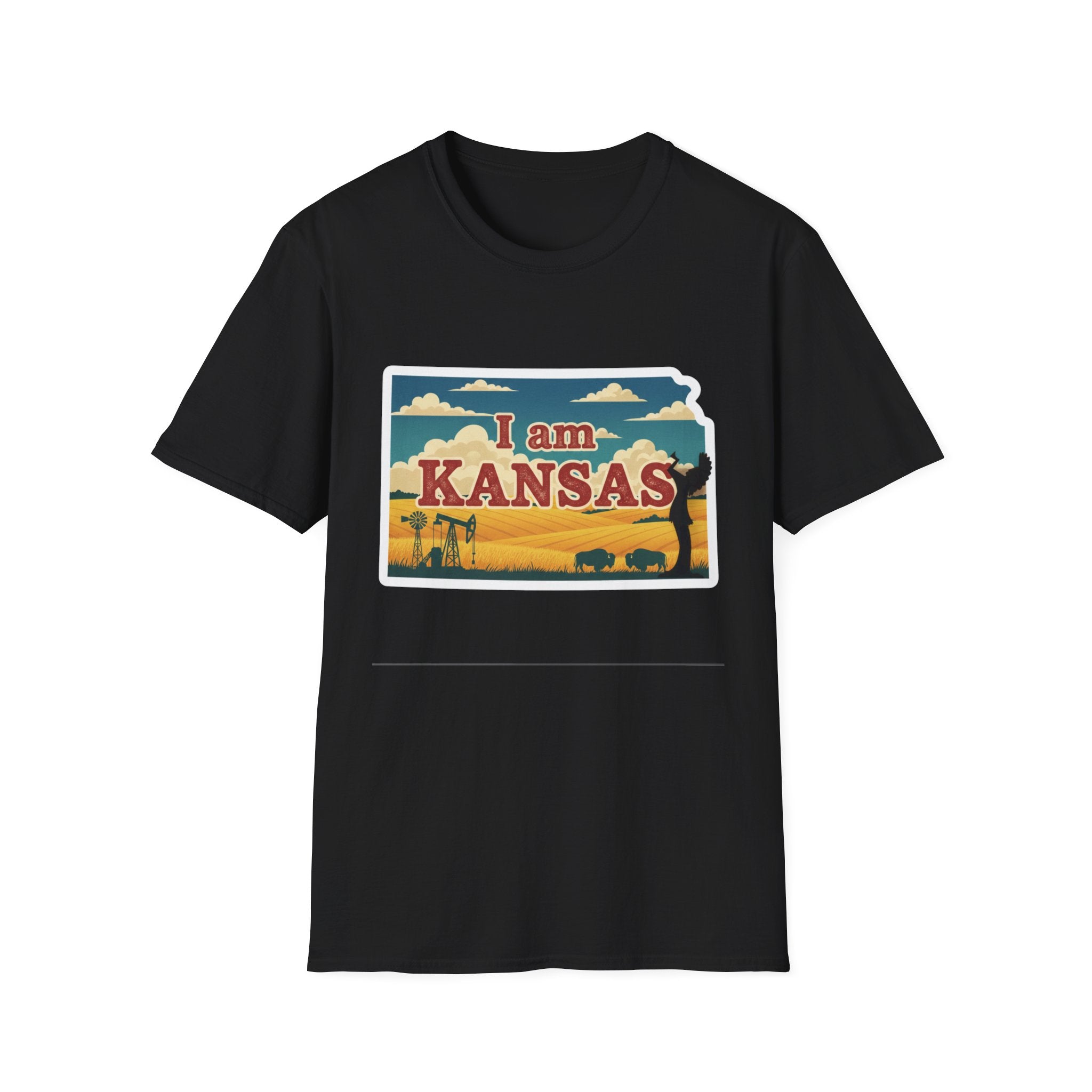 Black Kansas T-shirt with 'I am KANSAS' logo graphic and prairie elements