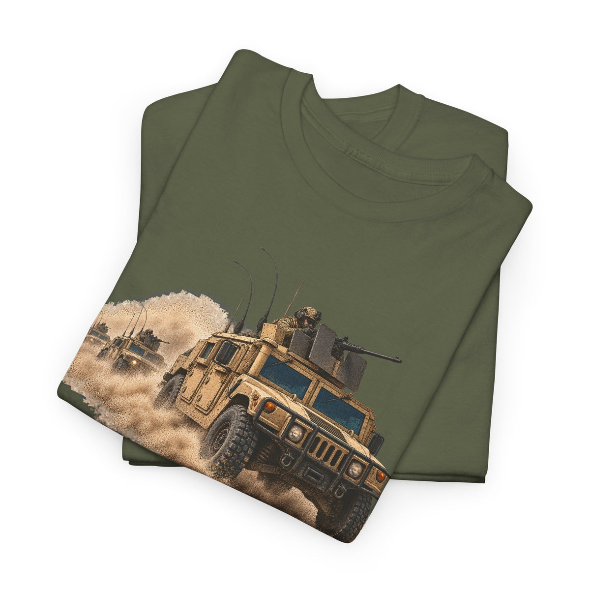 Olive green crewneck t-shirt with armored vehicle graphic on front