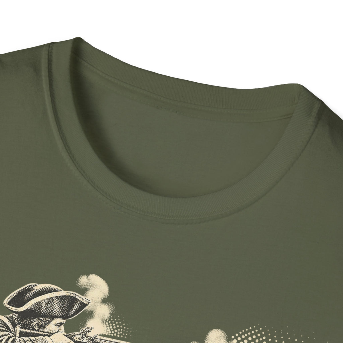 Military green crewneck t-shirt with partial sepia graphic at chest