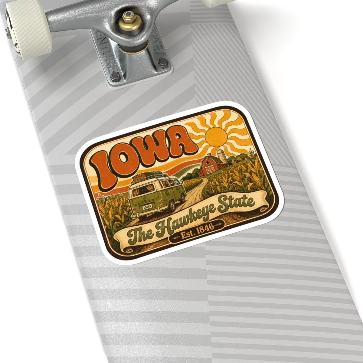 Kiss-cut Iowa retro camper sticker with vintage van and silo house, orange “Iowa”, white border