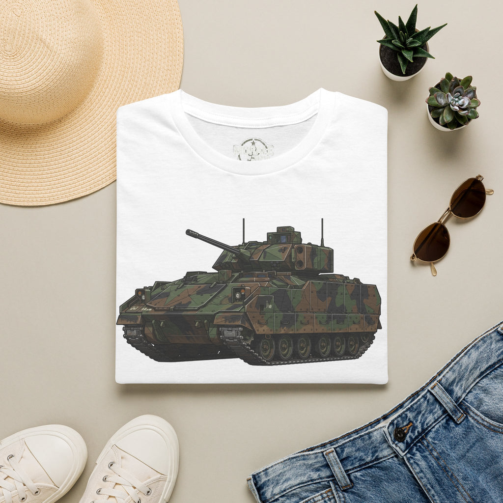 White tank graphic t-shirt with camouflage battle vehicle print