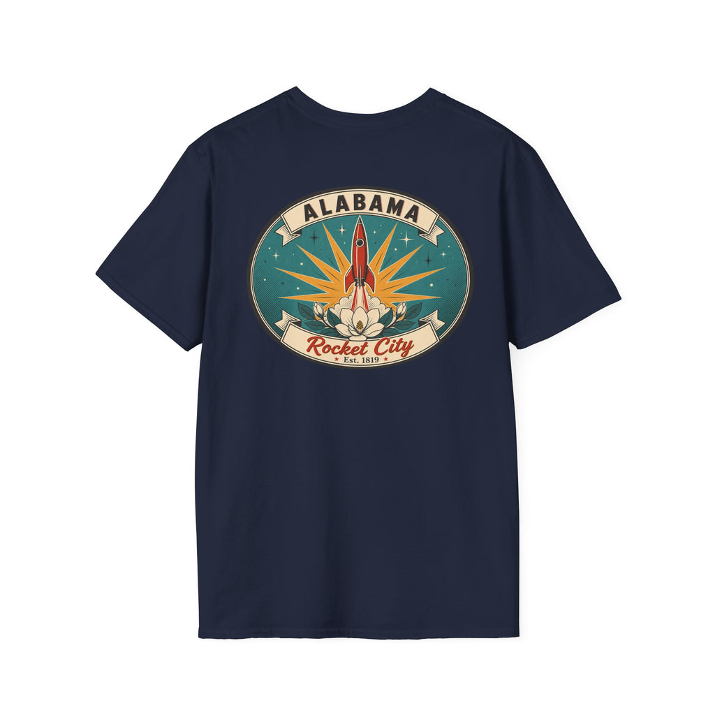 Navy T-shirt with circular Alabama Rocket City rocket graphic on chest