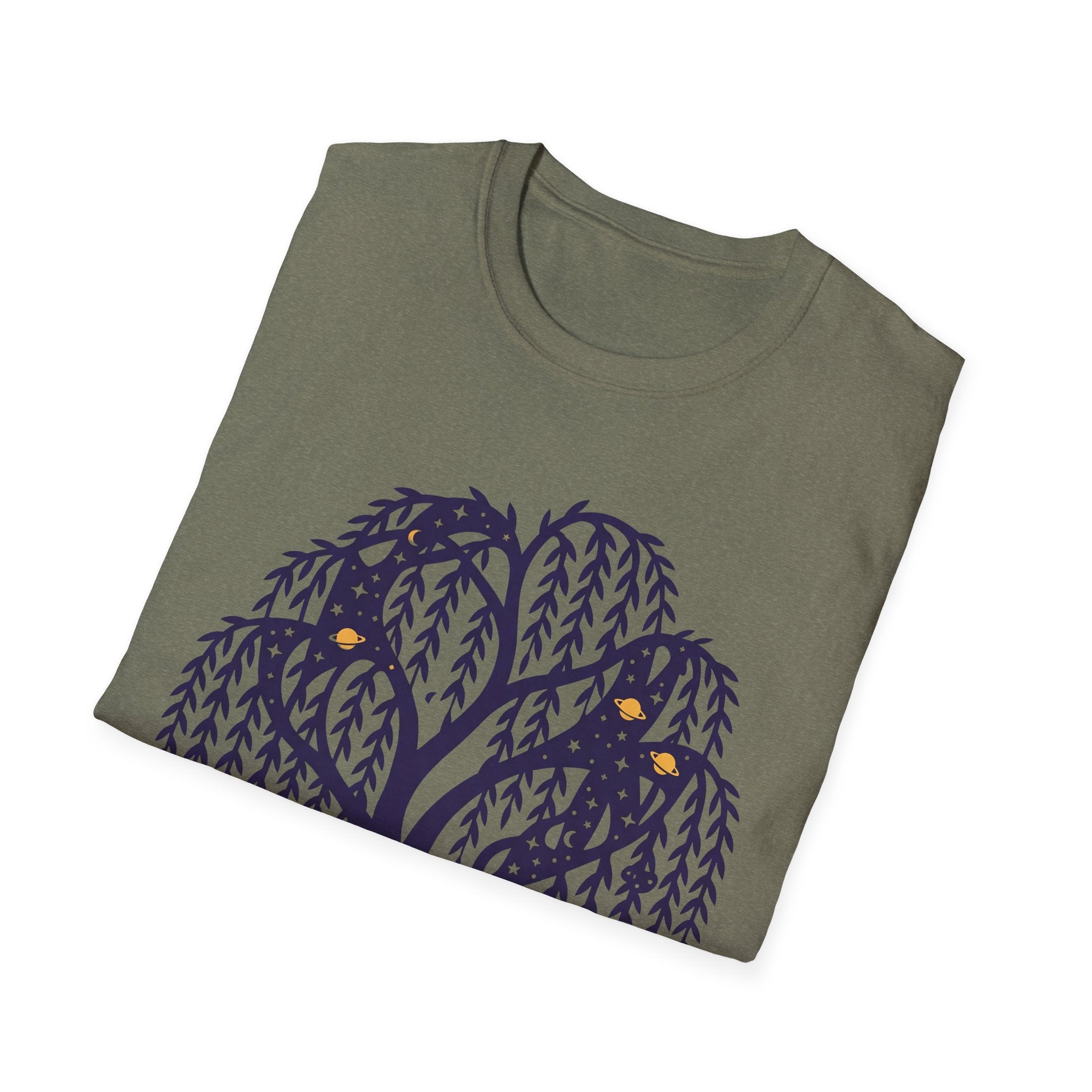 Night Owls T-shirt with purple owl-and-willow tree graphic on dark green
