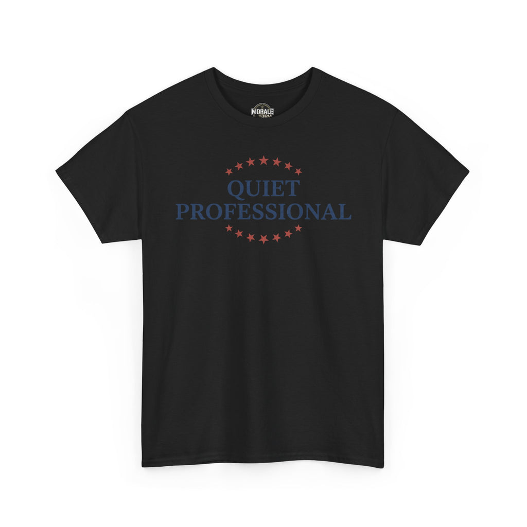 Black crew-neck T-shirt with red star-circle and blue “QUIET PROFESSIONAL” print