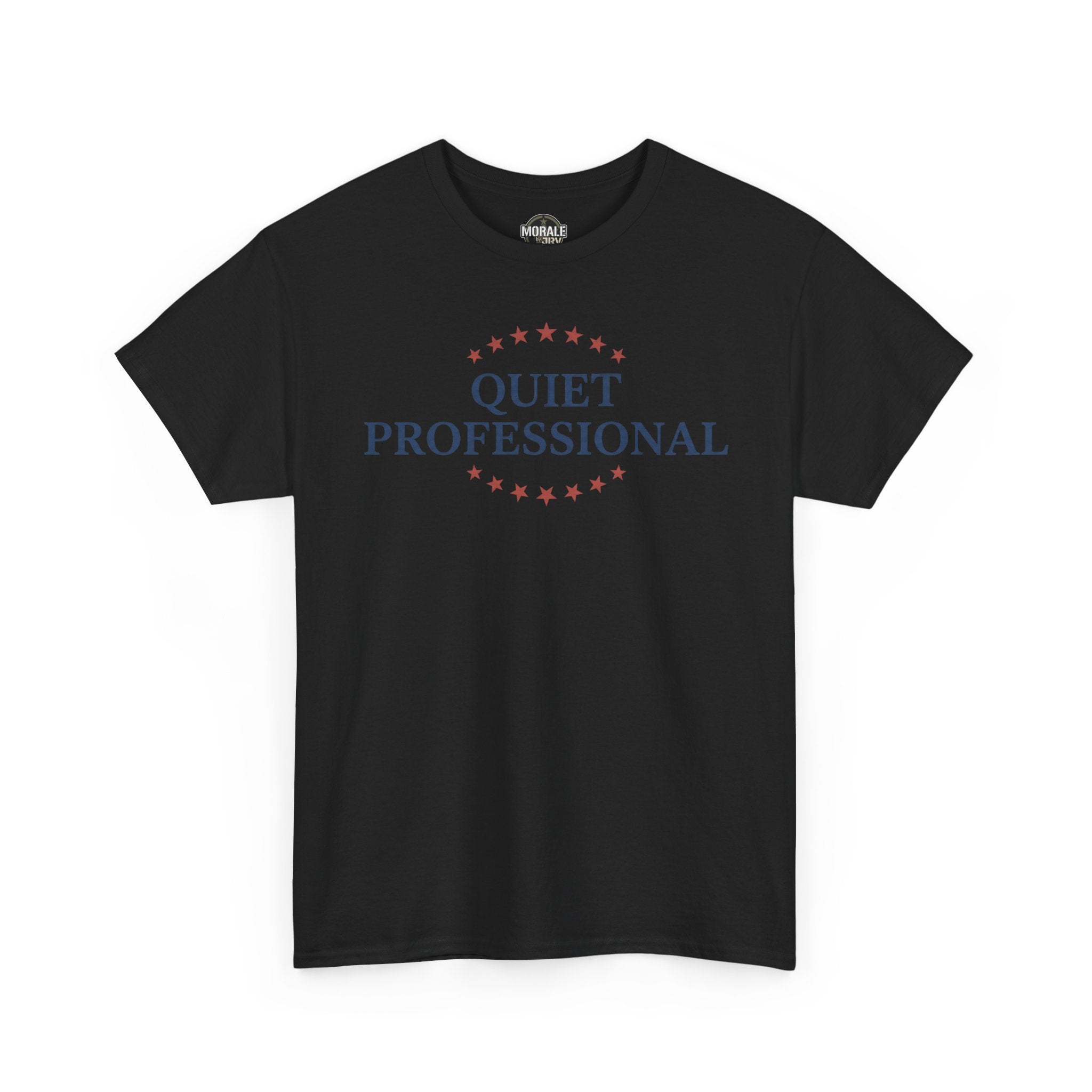 Black crew-neck T-shirt with red star-circle and blue “QUIET PROFESSIONAL” print