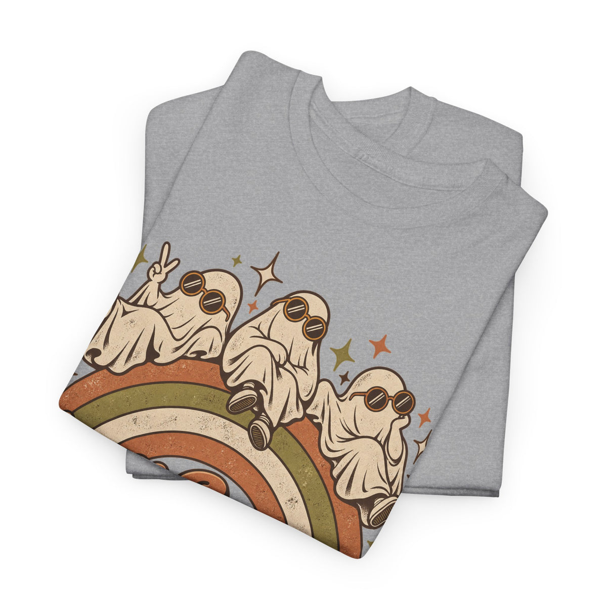 Stay Groovy Ghouls T-Shirt, Retro Rainbow Ghosts in Sunglasses Halloween Shirt for Women and Men, Cute 70s Spooky Tee