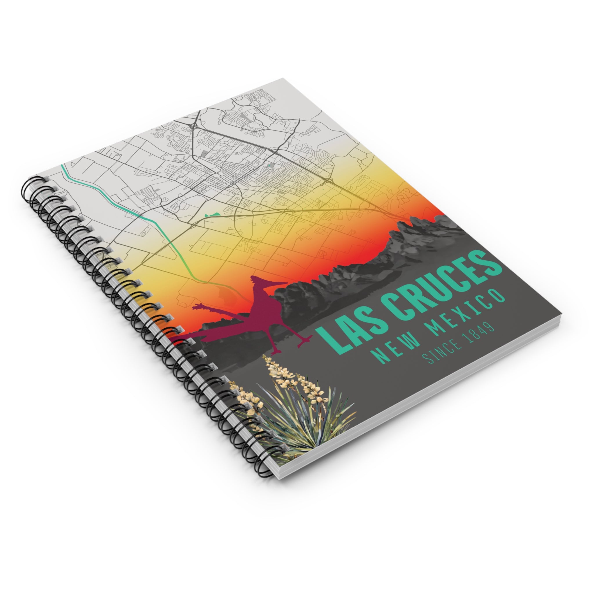 Las Cruces New Mexico spiral notebook angled view, sunset map cover with skyline and cacti