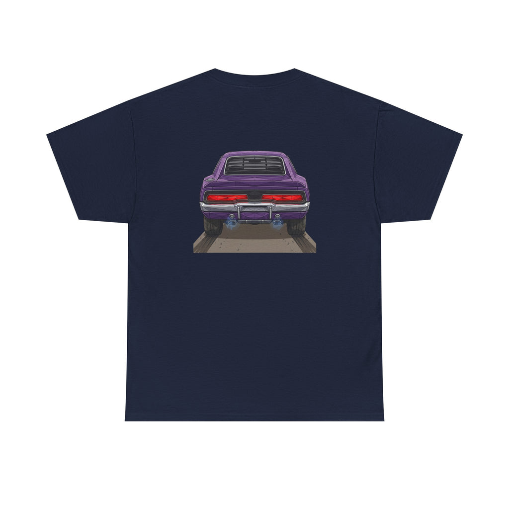 Dark navy T-shirt with retro muscle car graphic on back