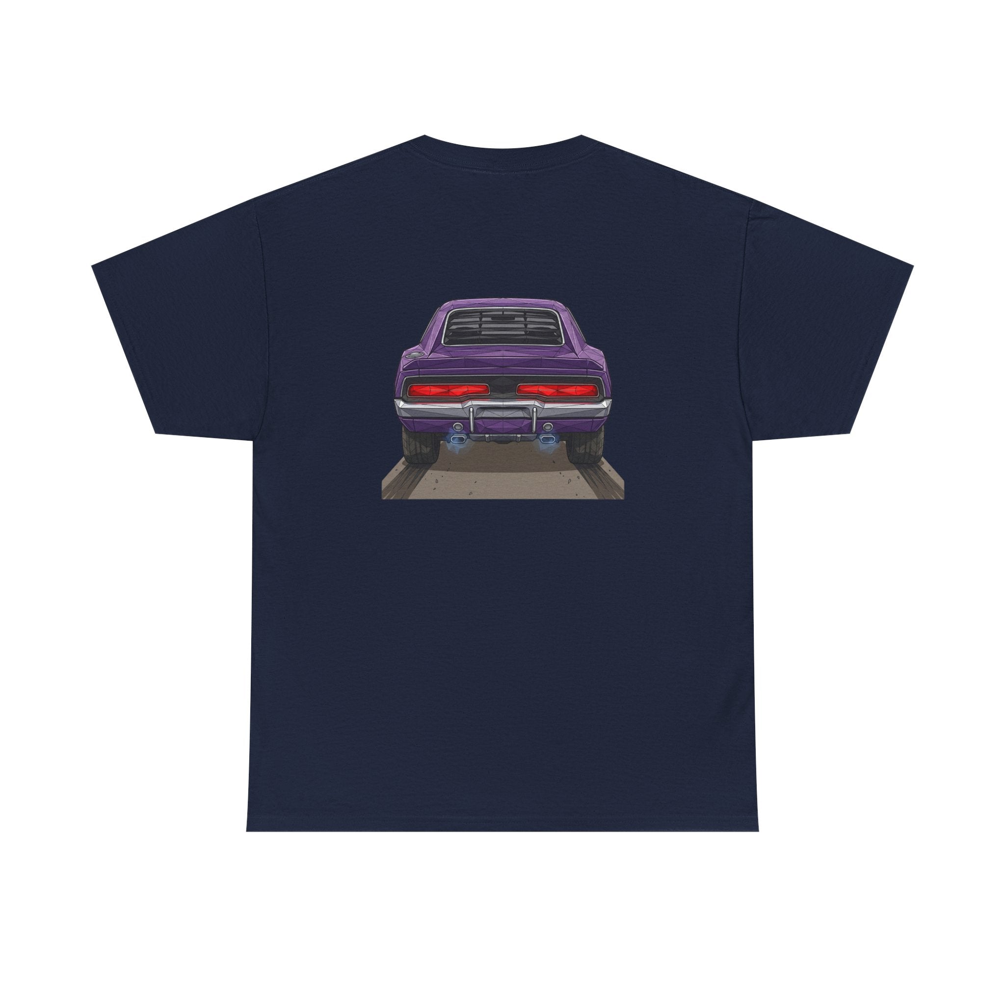 Dark navy T-shirt with retro muscle car graphic on back