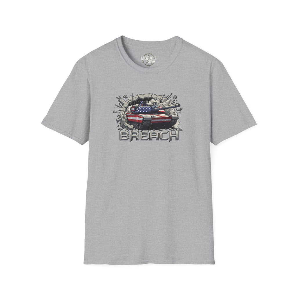 American flag tank “BREACH” graphic T-shirt, heather gray