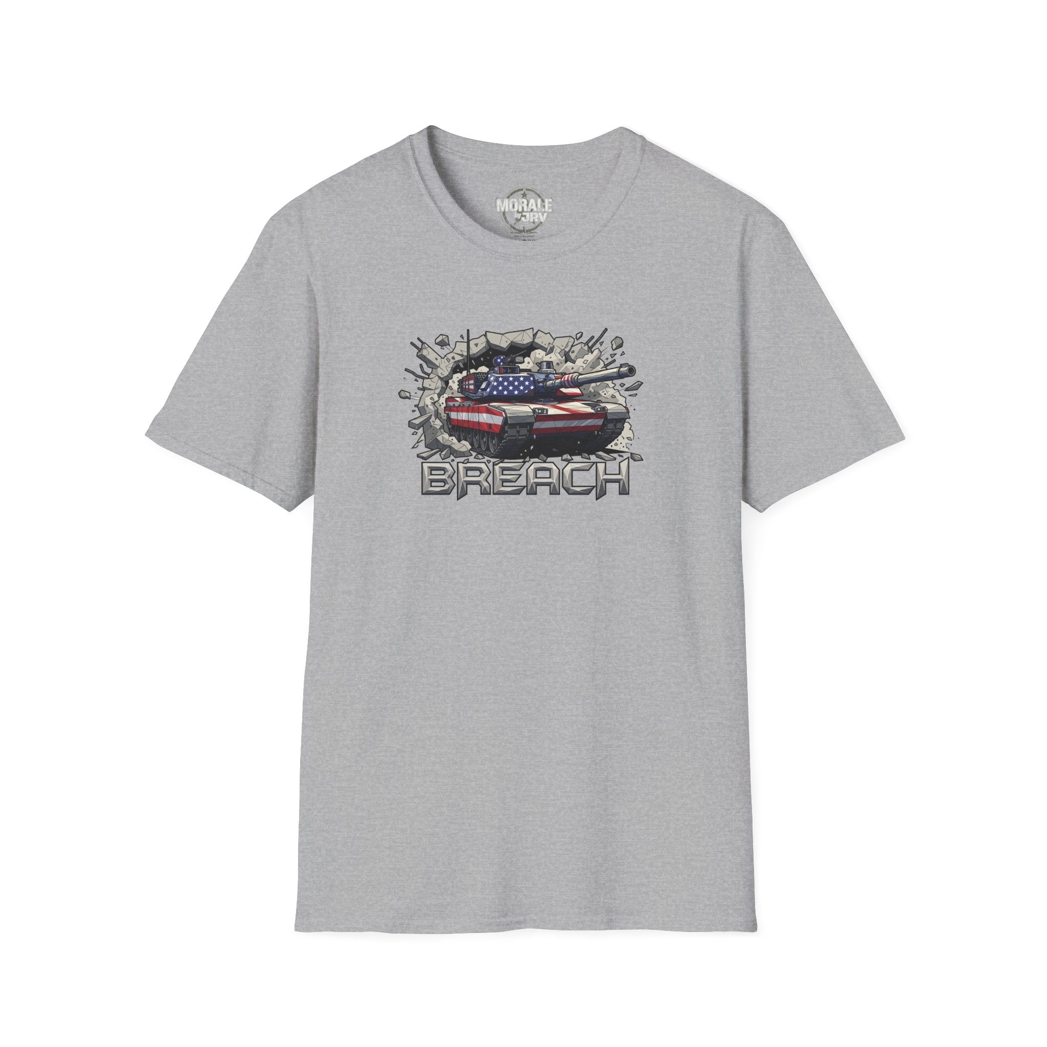 American flag tank “BREACH” graphic T-shirt, heather gray