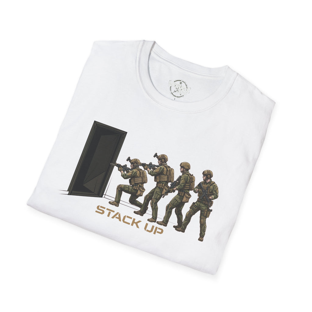 White T-shirt with 'Stack Up' door breach soldier graphic
