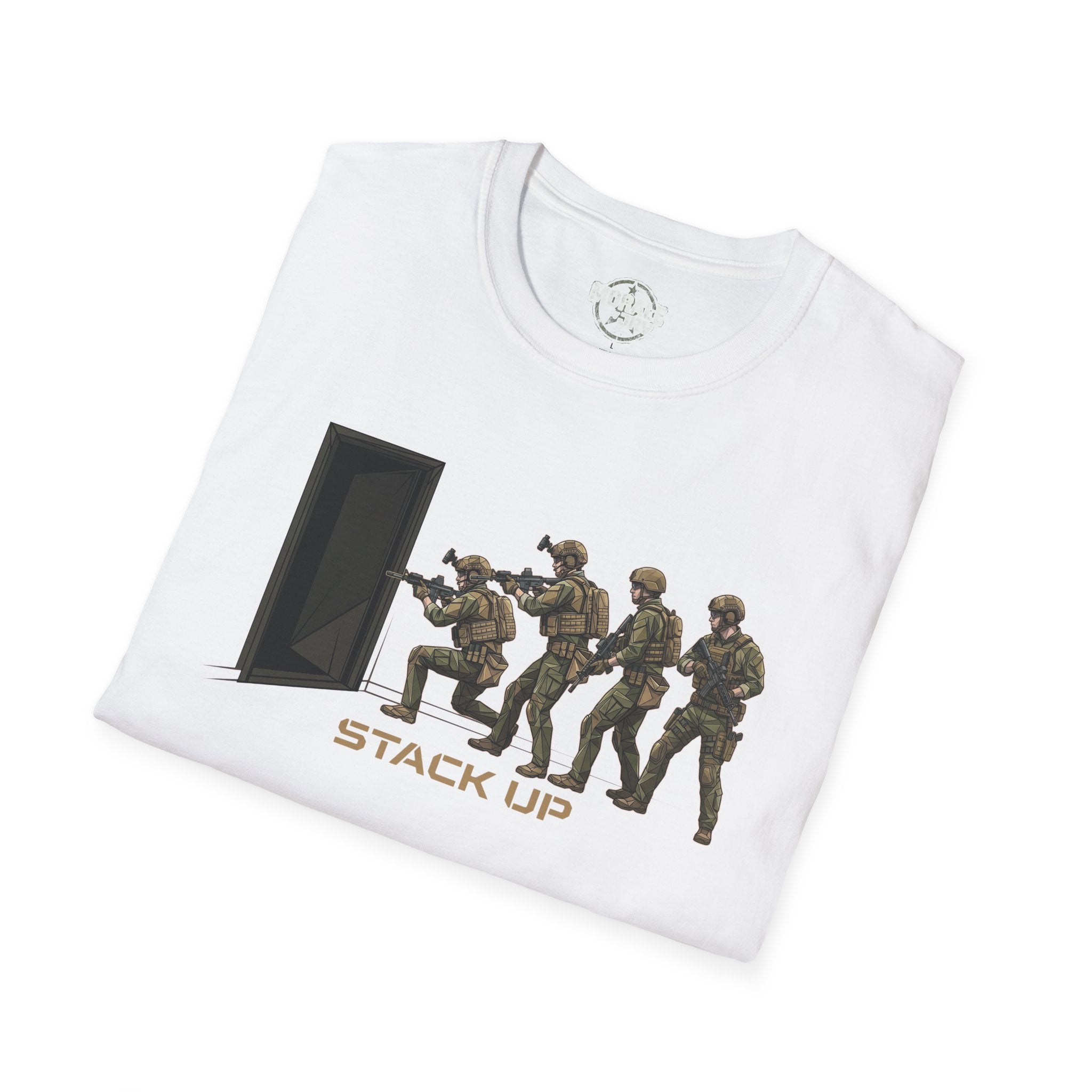 White T-shirt with 'Stack Up' door breach soldier graphic