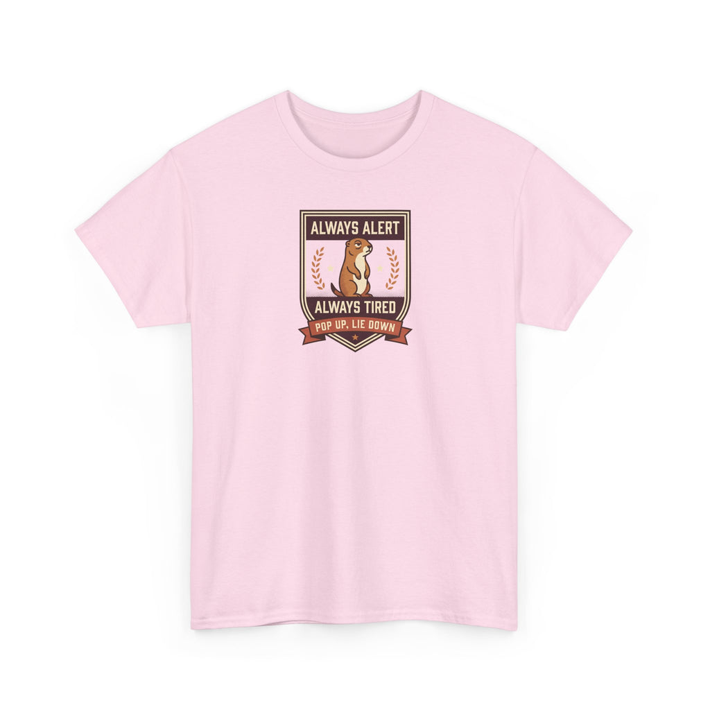 Light pink crewneck T-shirt with rectangular "Always Alert" badge graphic.