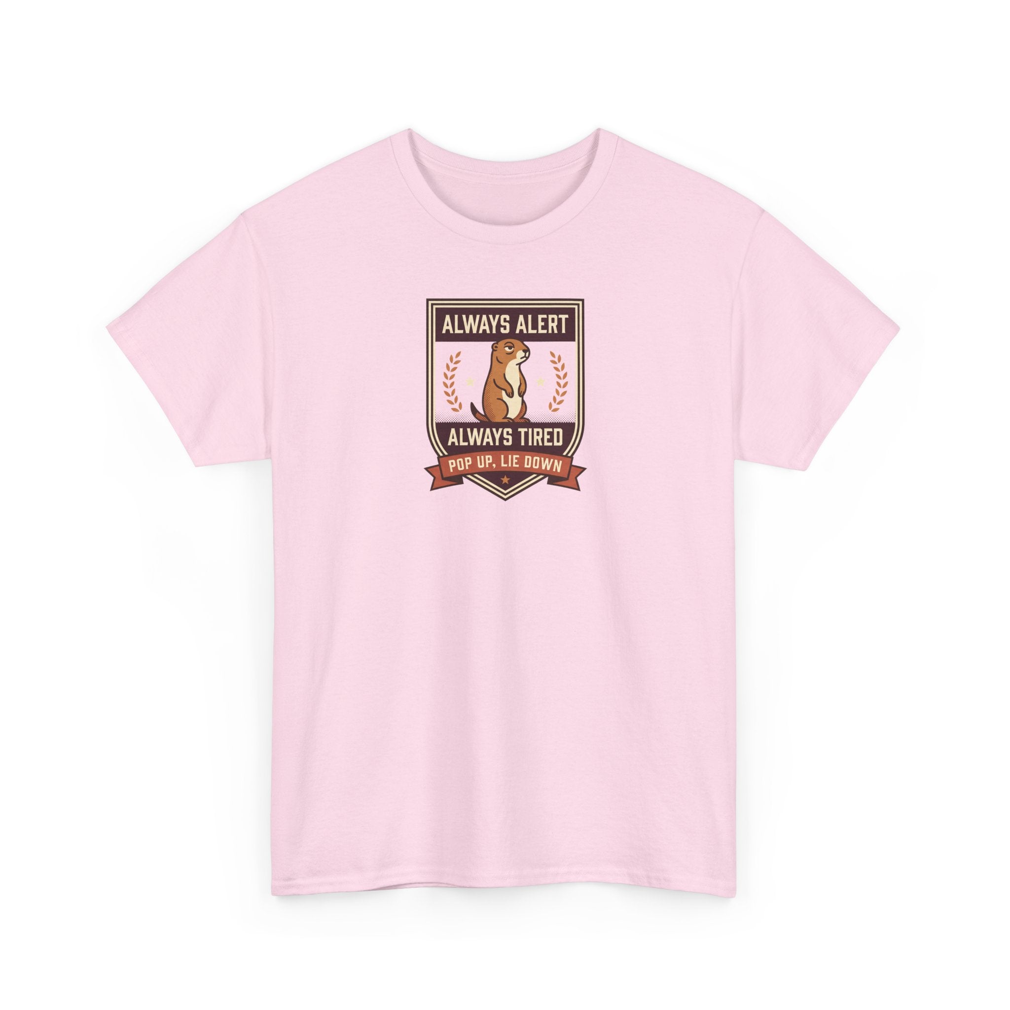 Light pink crewneck T-shirt with rectangular "Always Alert" badge graphic.