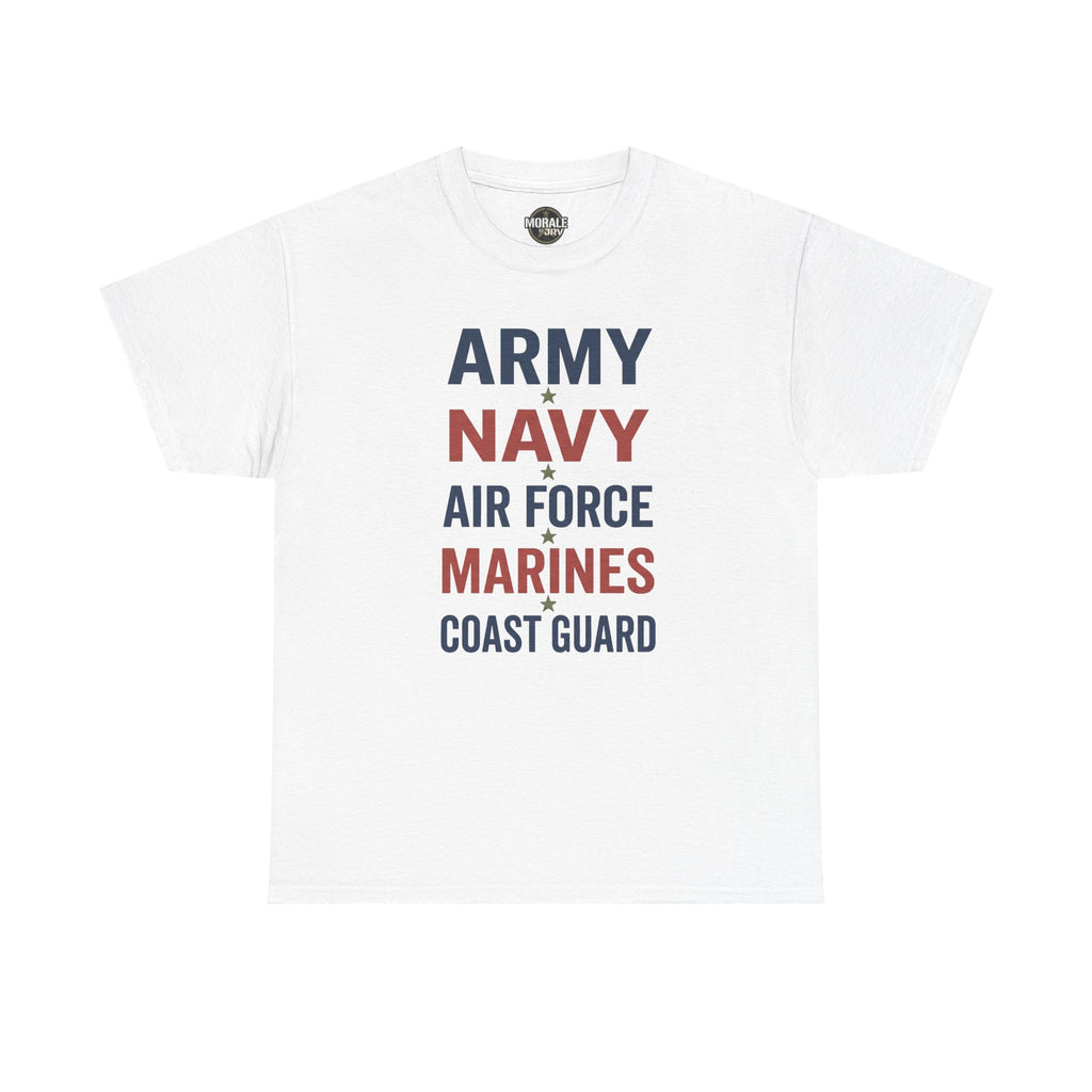 White T-shirt with multicolor “ARMY NAVY AIR FORCE MARINES COAST GUARD” front graphic