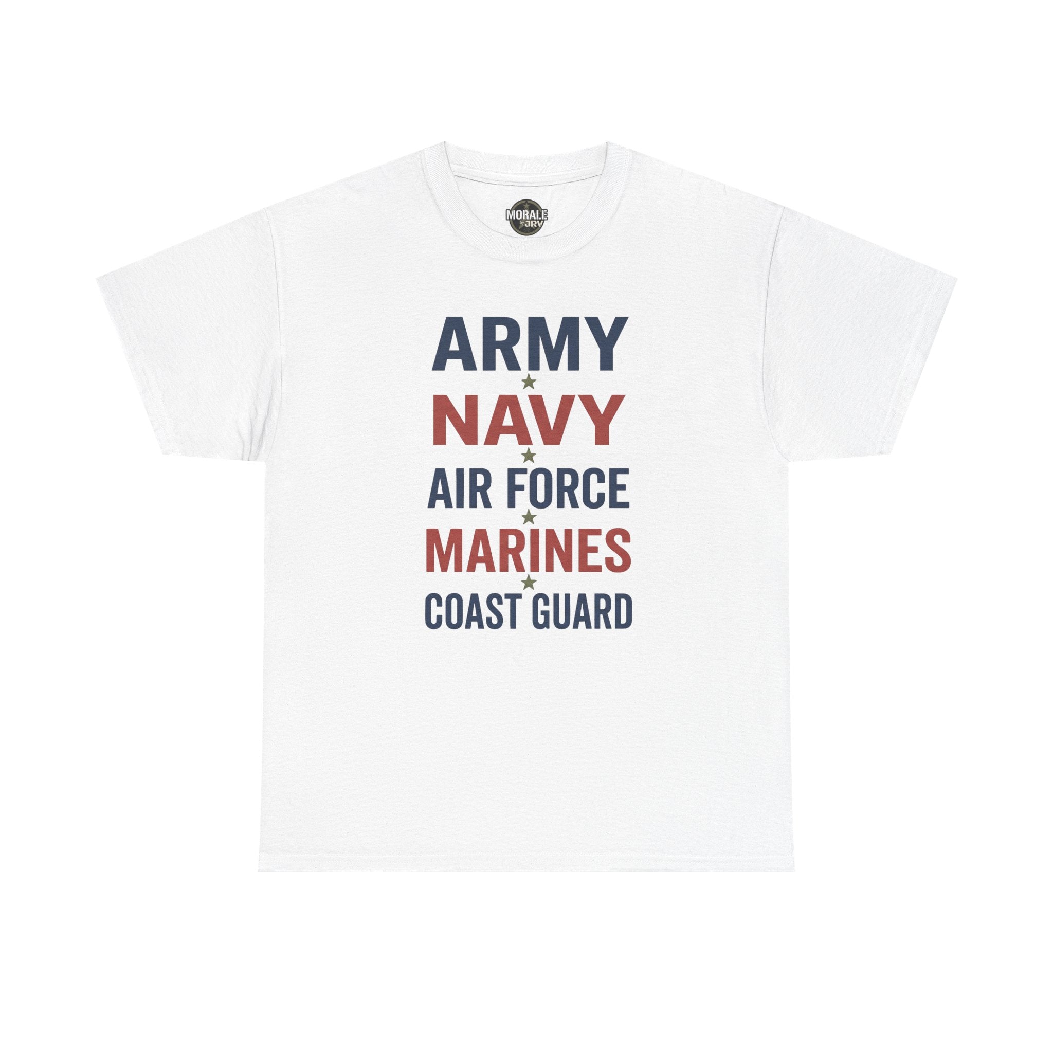 White T-shirt with multicolor “ARMY NAVY AIR FORCE MARINES COAST GUARD” front graphic