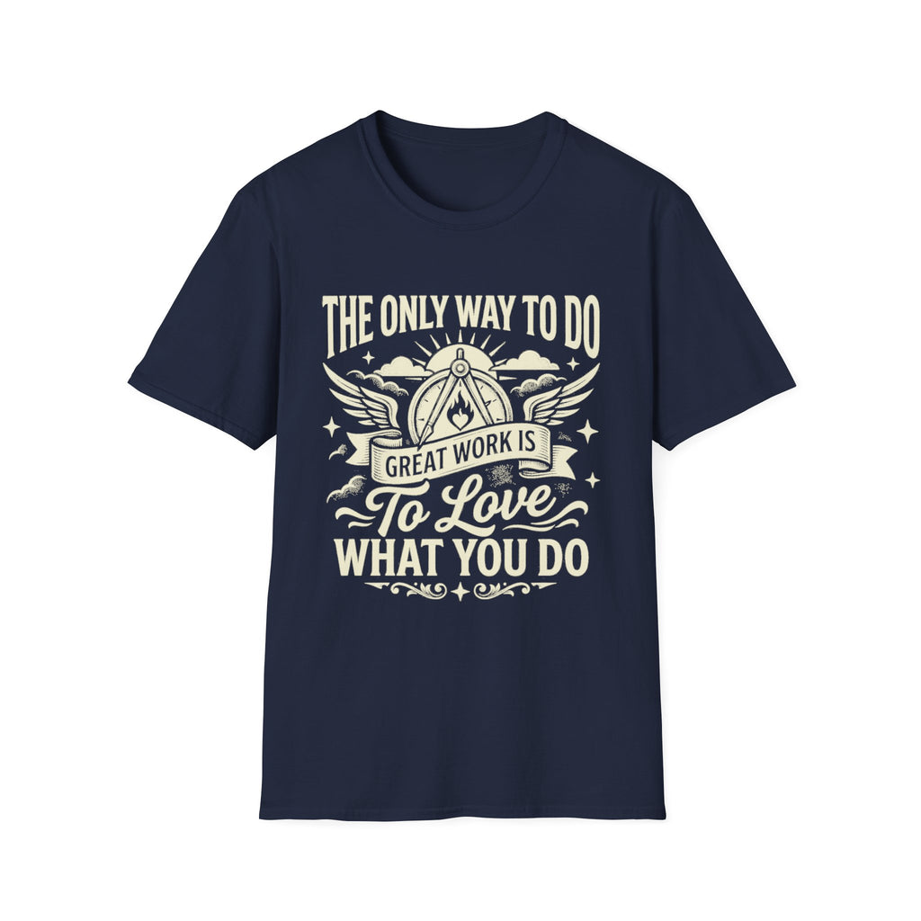 Navy T-shirt with “To love what you do” quote and winged emblem