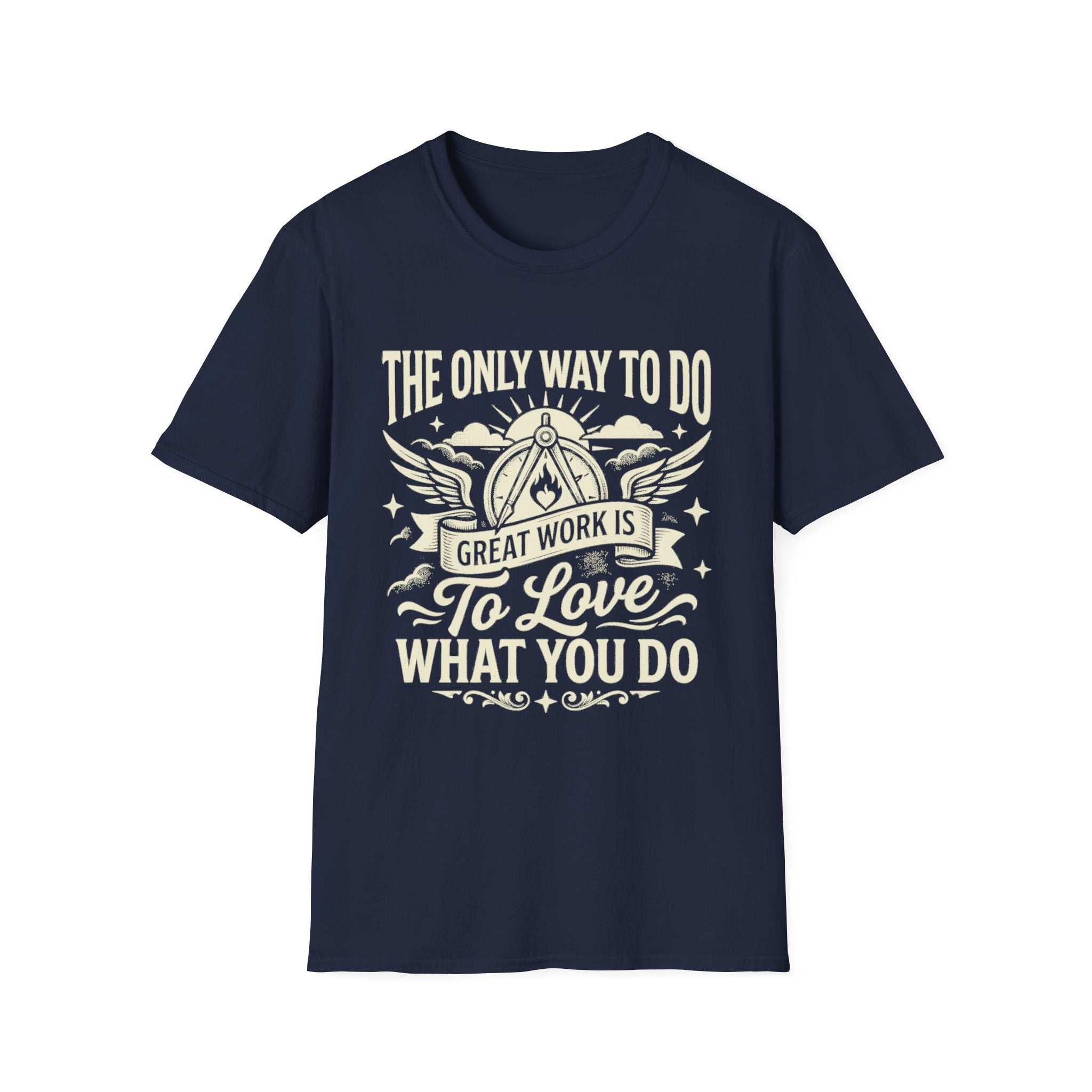 Navy T-shirt with “To love what you do” quote and winged emblem