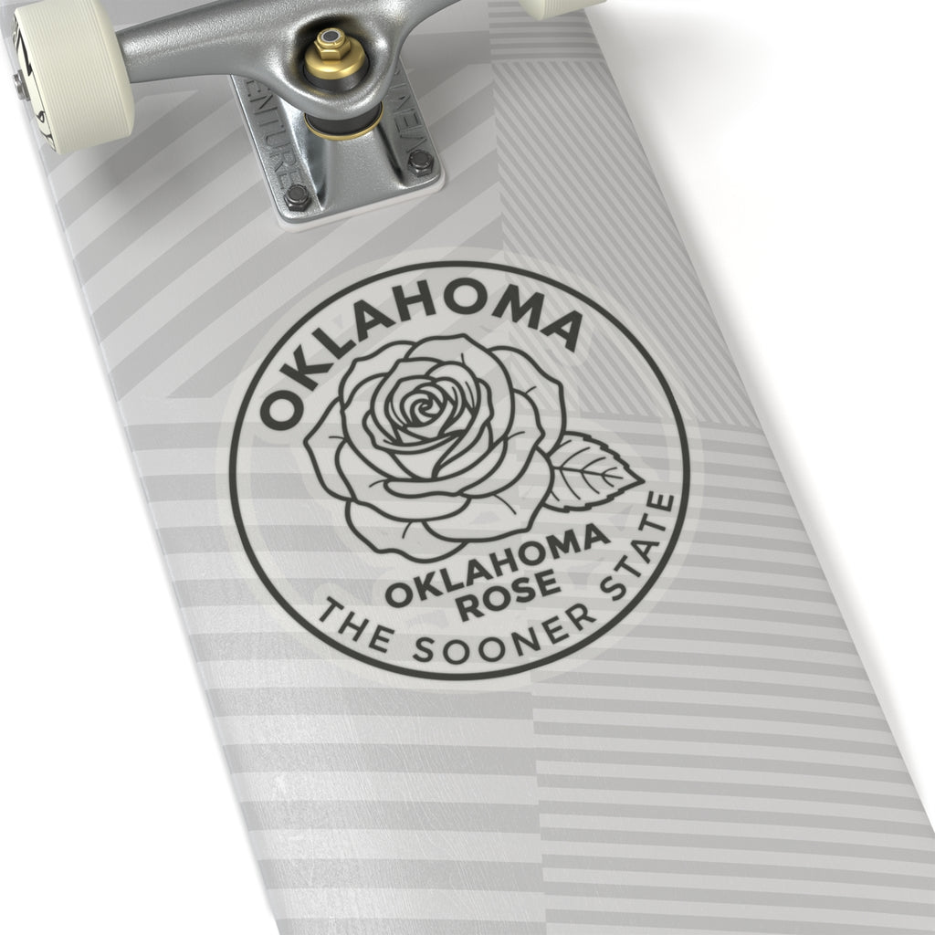 Transparent vinyl circular Oklahoma rose sticker: thin-line rose with ring text