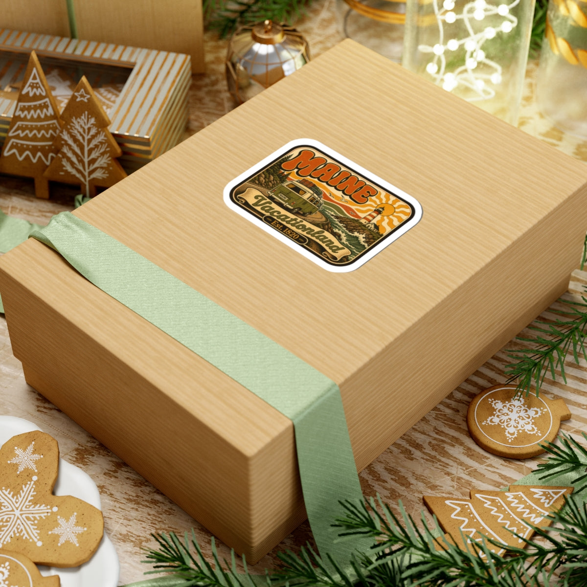 Kiss-cut retro lighthouse camper sticker on a wrapped gift, orange tan design with Maine lettering