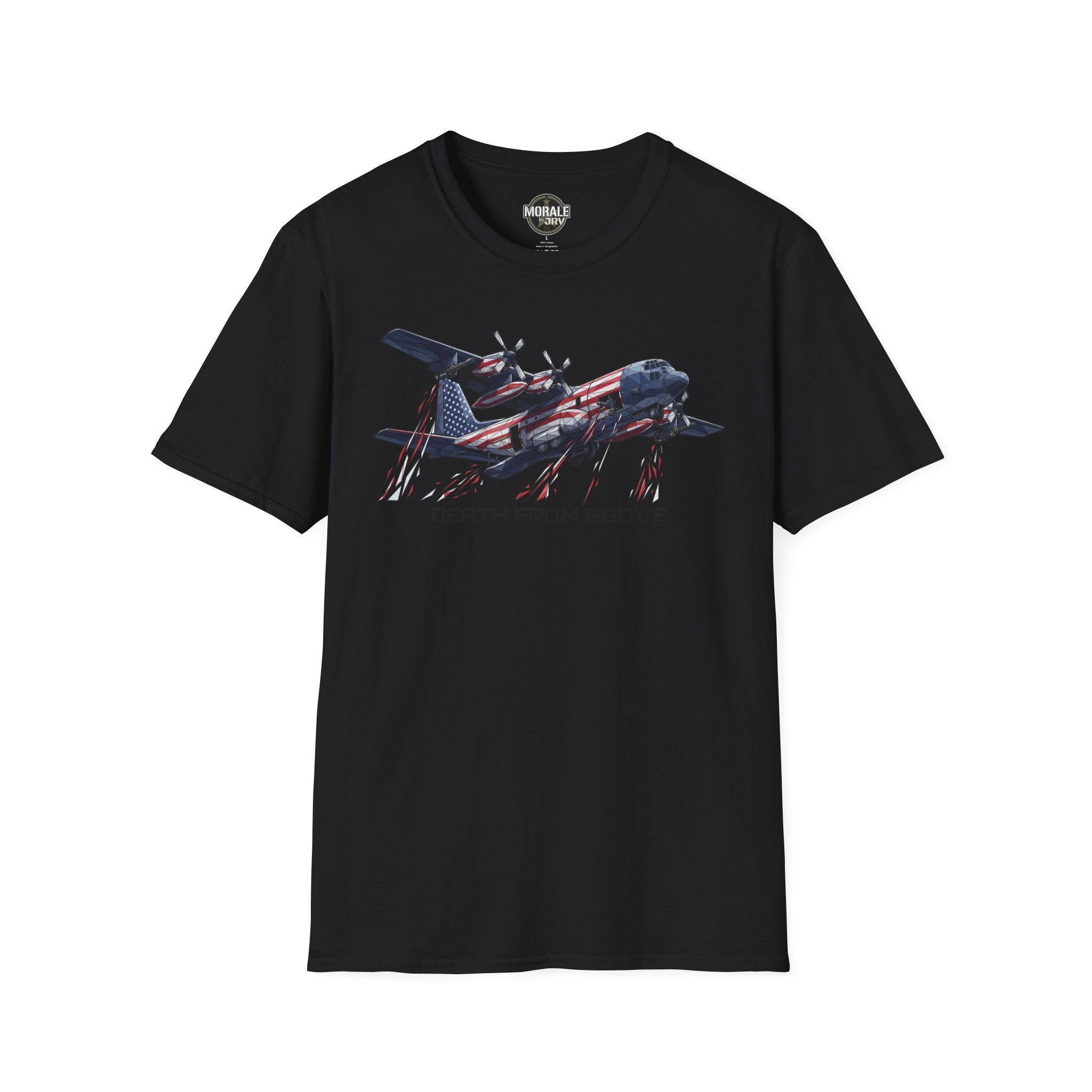 DEATH FROM ABOVE C-130 T-shirt, black, front airplane graphic with flag