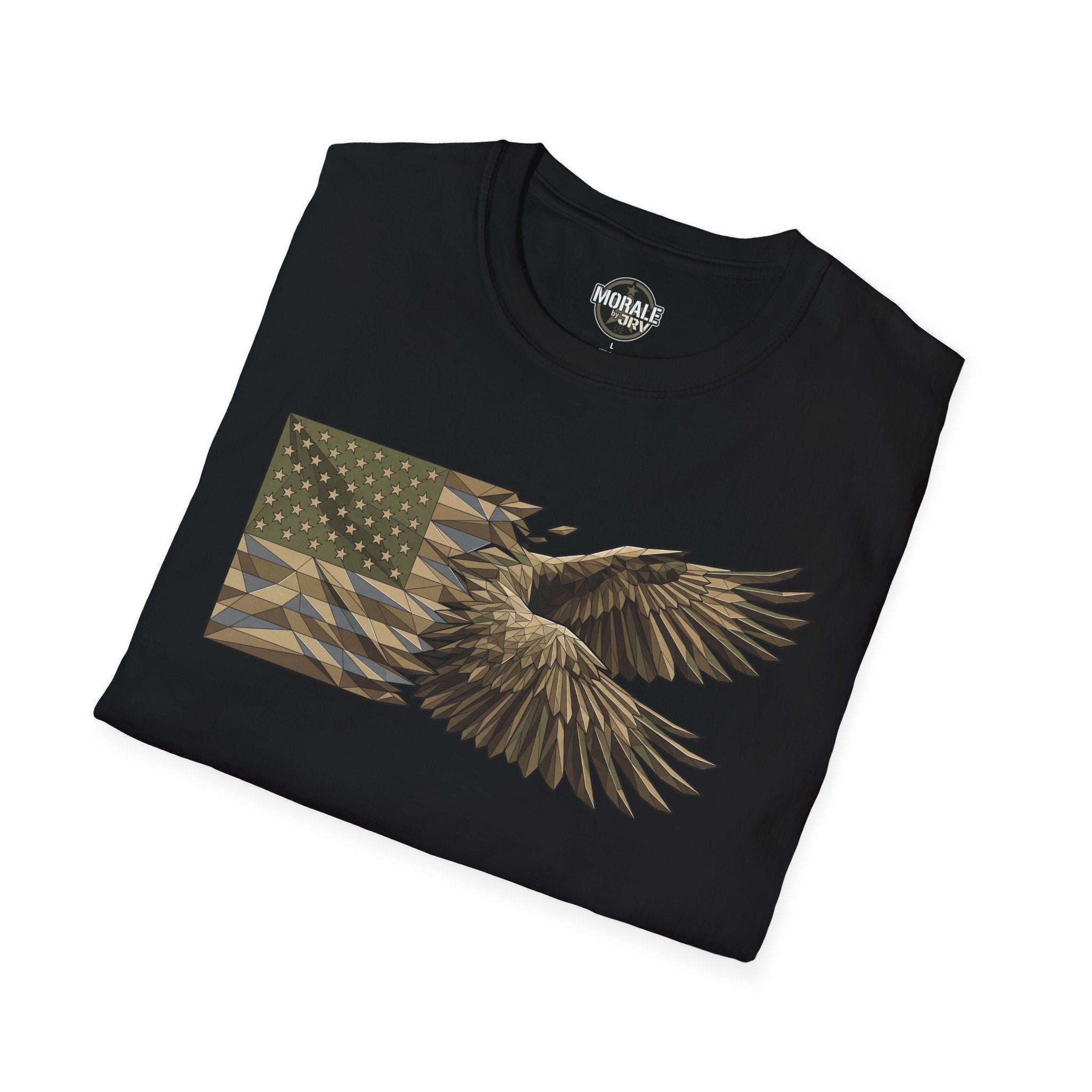 Patriotic tactical T-shirt, black with American flag and soaring bald eagle print