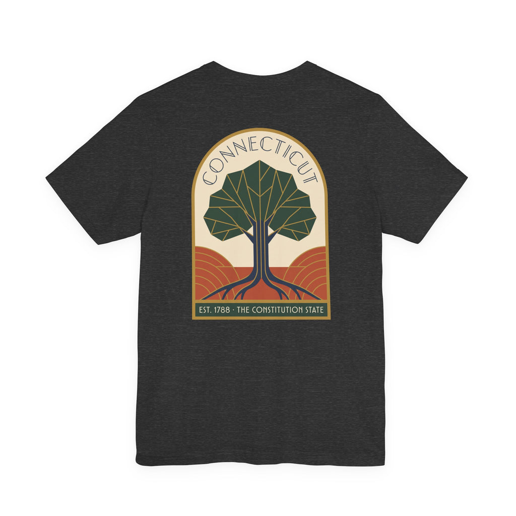 Connecticut tree graphic t-shirt, charcoal, front emblem with tree and “Connecticut” text