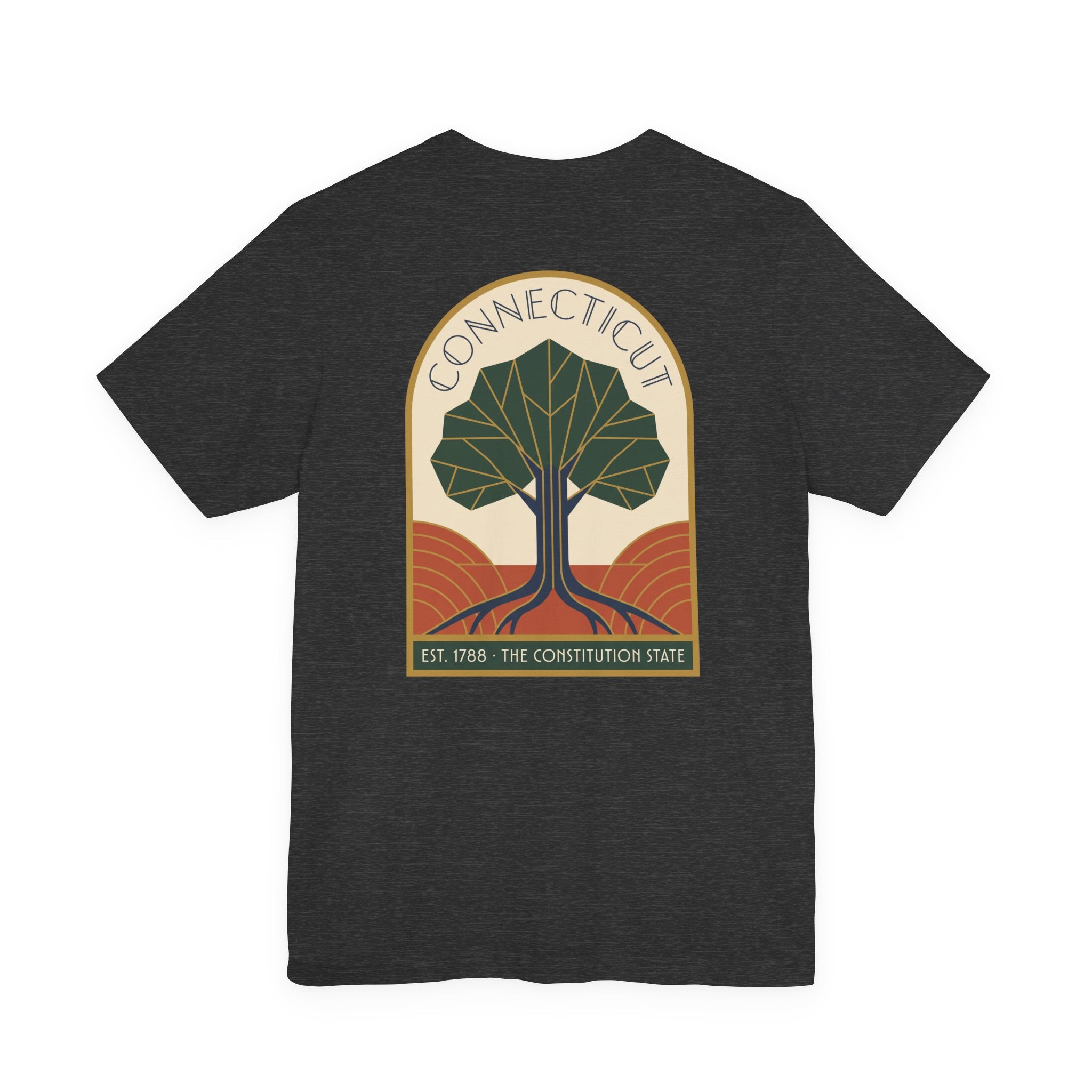 Connecticut tree graphic t-shirt, charcoal, front emblem with tree and “Connecticut” text