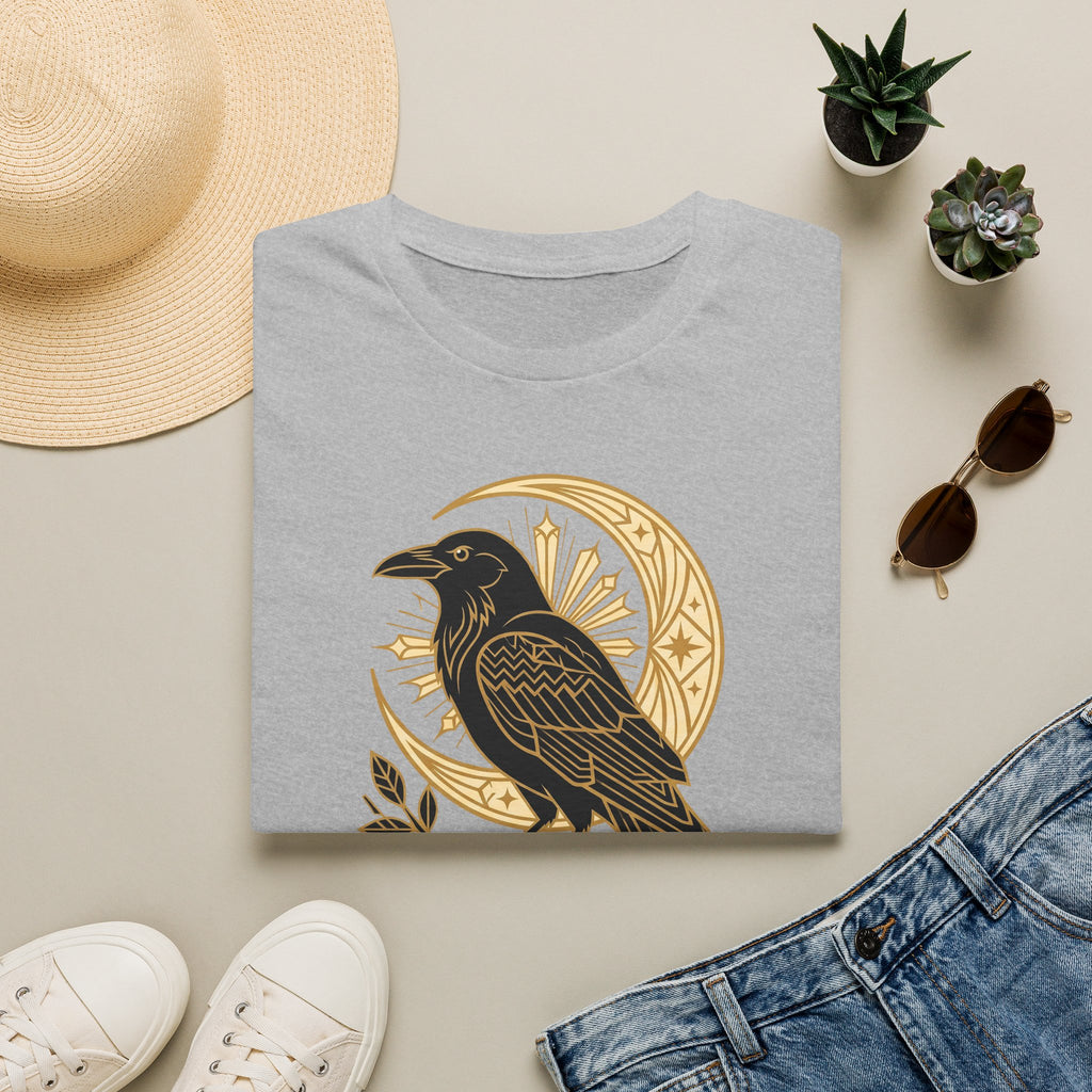 Light gray raven graphic T-shirt with gold crescent moon and Nevermore emblem