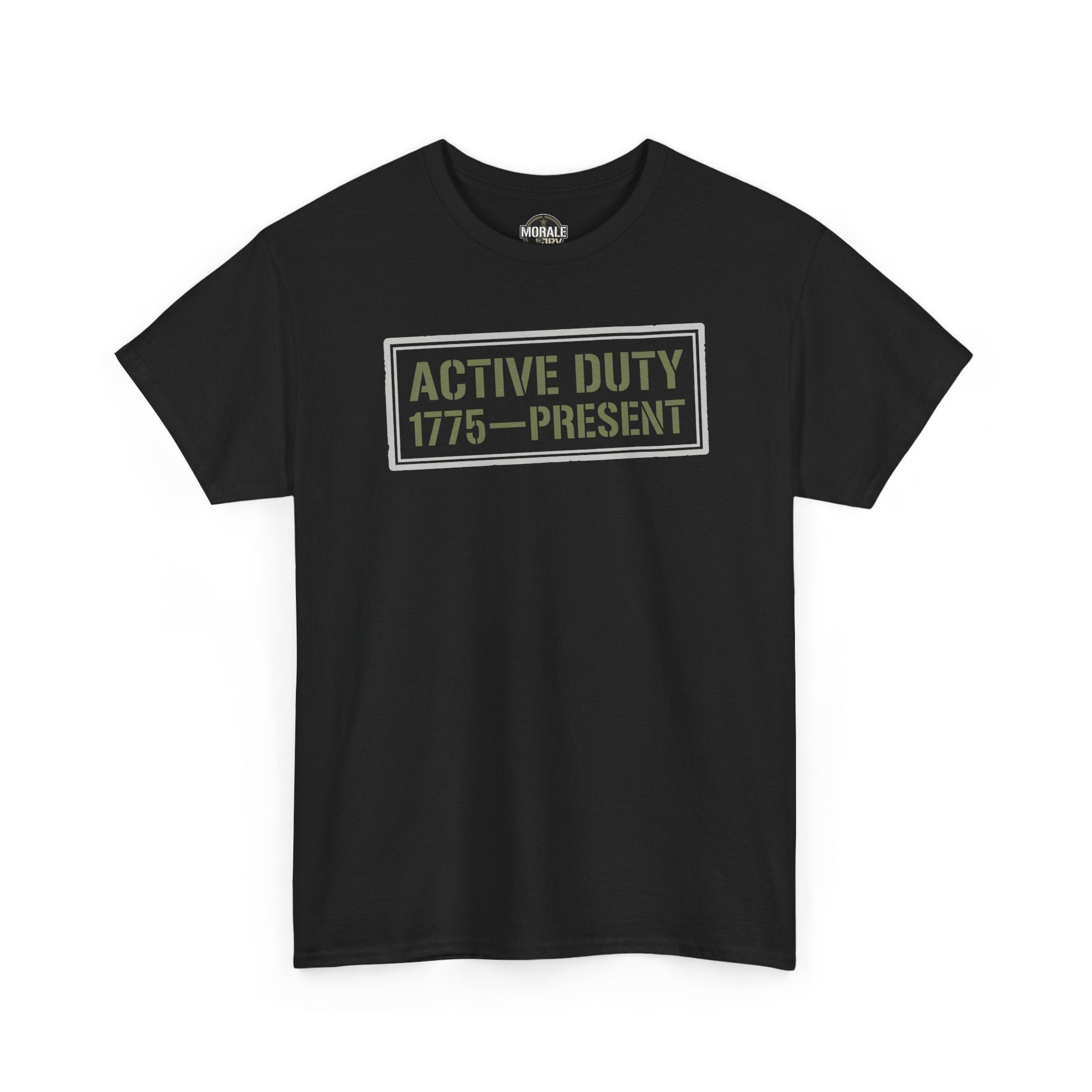 Black crewneck t-shirt with "Active Duty 1775–Present" graphic front