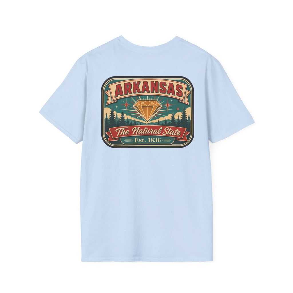 Crewneck T-shirt in light blue with Arkansas “Natural State” badge graphic