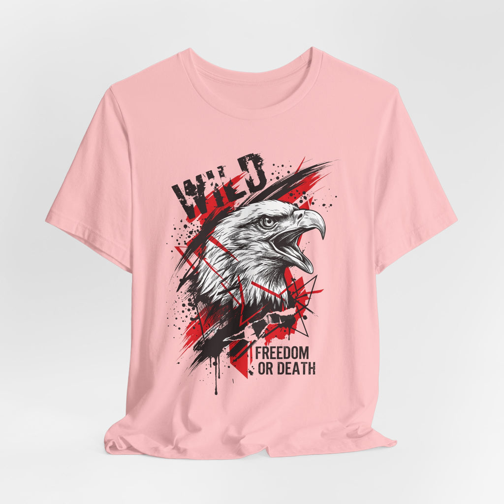 Pink T-shirt with centered eagle head graphic, splatter background, and slogan